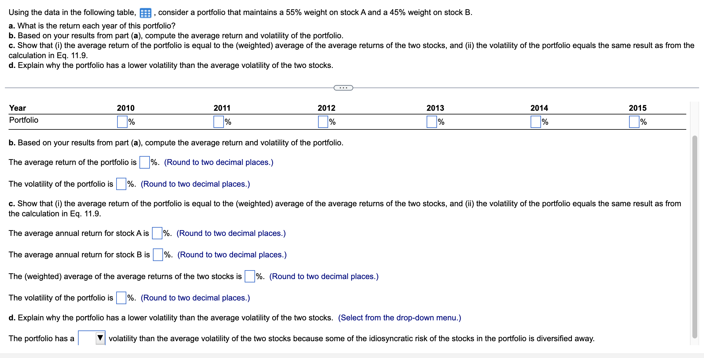 Data Table: Year 2010 2011 2012 2013 2014 2015 Stock A -5%