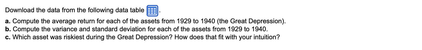  Download the data from the following data table a. Compute the