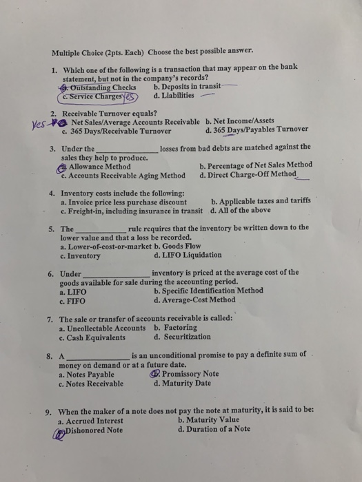  Multiple Choice (2pts. Each) Choose the best possible answer. 1. Which