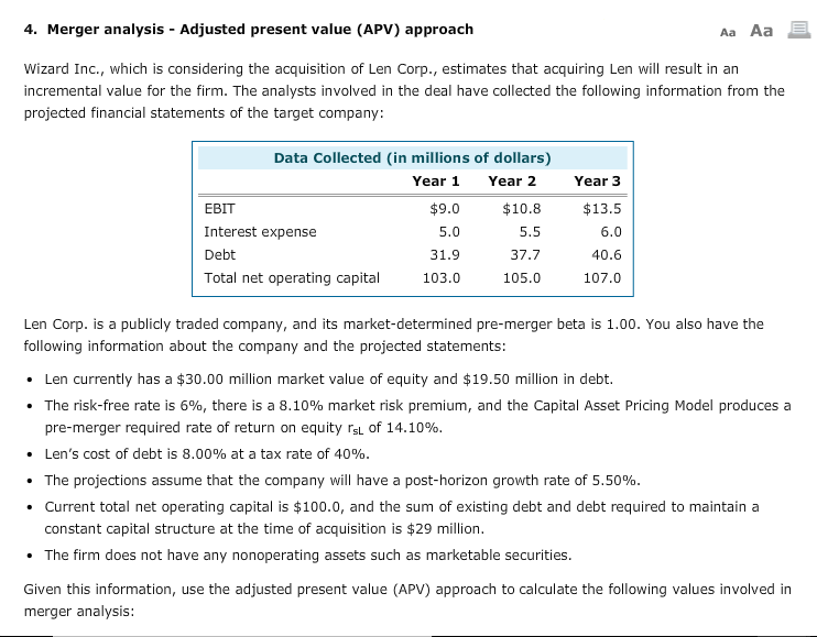4. Merger analysis Adjusted present value (APV) approach Aa Aa Wizard
