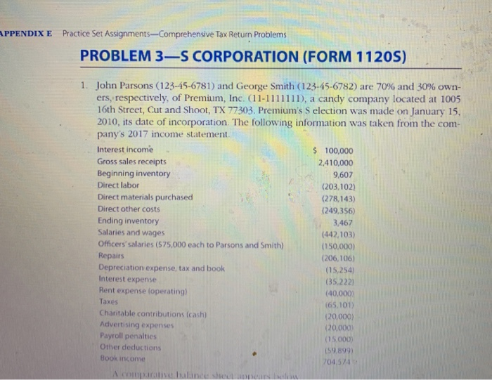  APPENDIXE Practice Set Assignments-Comprehensive Tax Return Problems PROBLEM 3-S CORPORATION (FORM