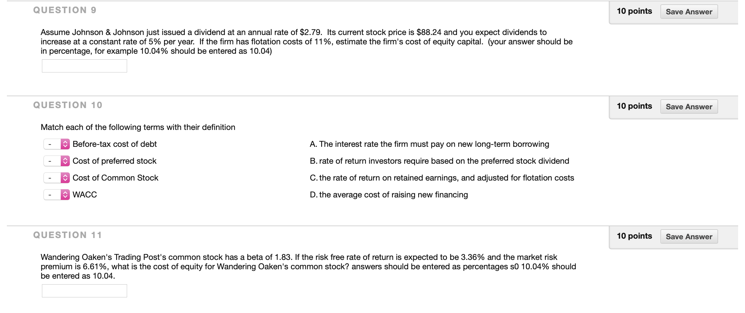  QUESTION 9 10 points Save Answer Assume Johnson & Johnson just