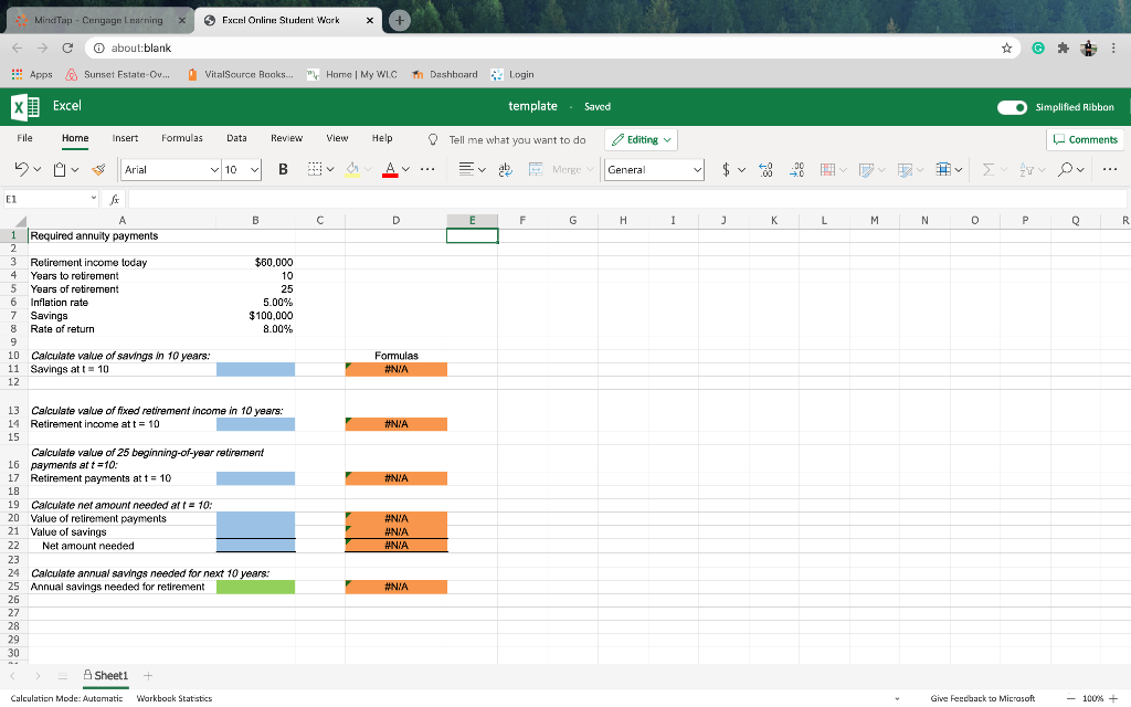 MindTap - Cengage Learning Excel Online Student Work + c o