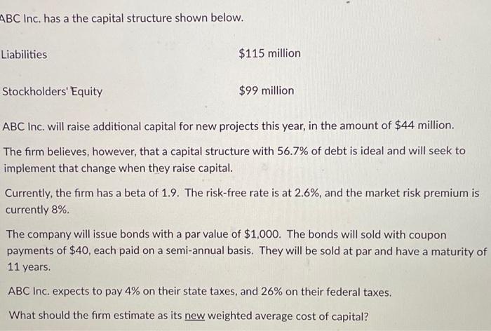  ABC Inc. has a the capital structure shown below. Liabilities $115