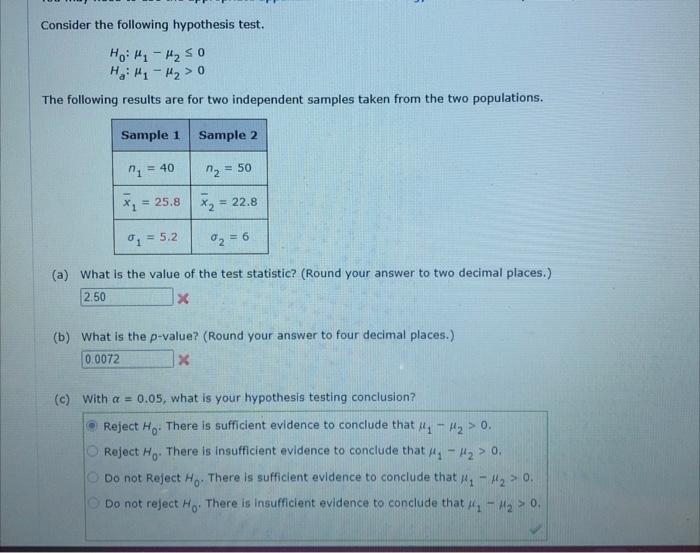  Consider the following hypothesis test. \\[ \\begin{array}{l} H_{0}: \\mu_{1}-\\mu_{2} \\leq 0