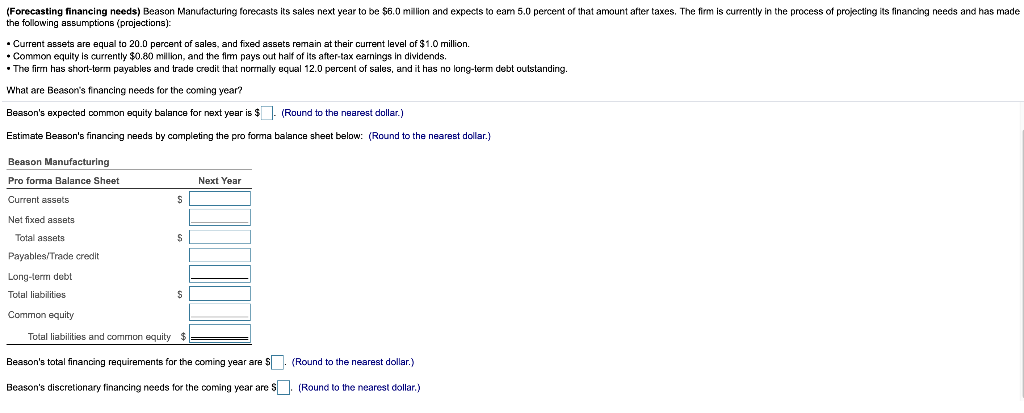  (Forecasting financing needs) Beason Manufacturing forecasts its sales next year to