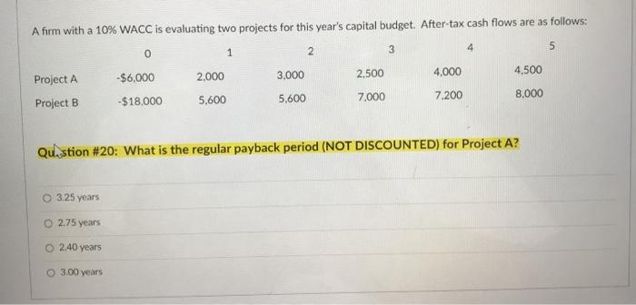  A firm with a 10% WACC is evaluating two projects for
