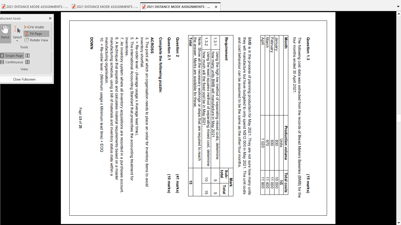 Question 1.3 (15 marks) The following cost data was extracted from