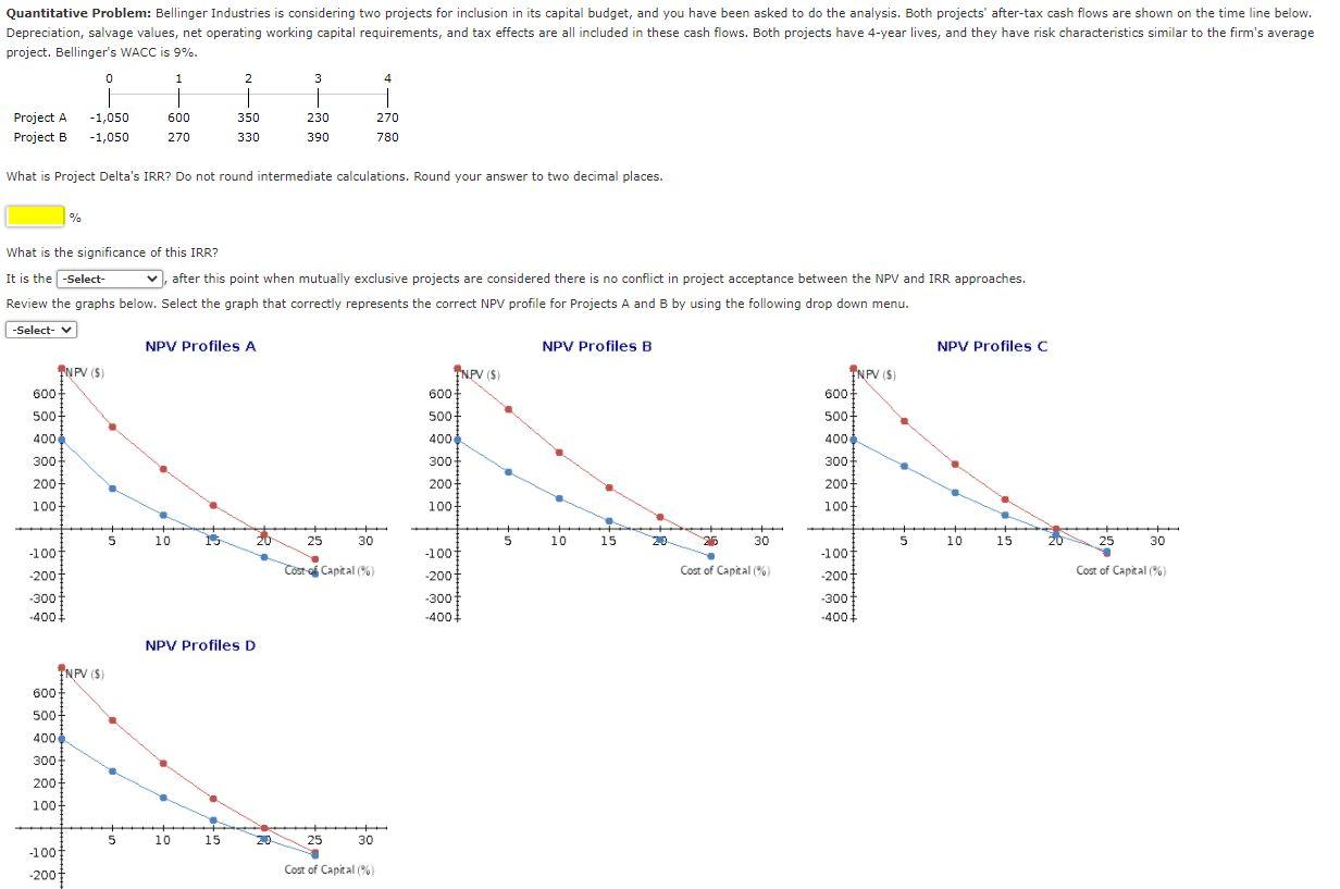 15. Quantitative Problem: Bellinger Industries is considering two projects for inclusion in