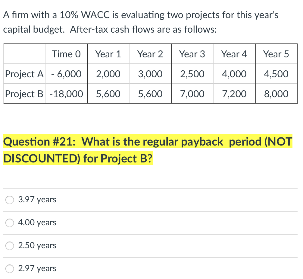 this year's capital budget. After-tax cash flows are as follows: o 1