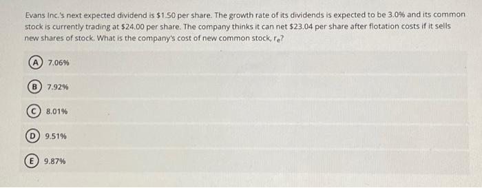  Evans inc.'s next expected dividend is $1.50 per share. The growth