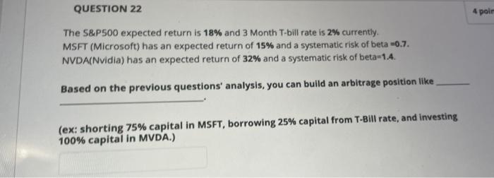 QUESTION 22 4 pole The S&P500 expected return is 18% and