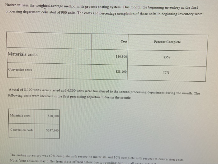  Hasbro utilizes the weighted average method in its process costing system.