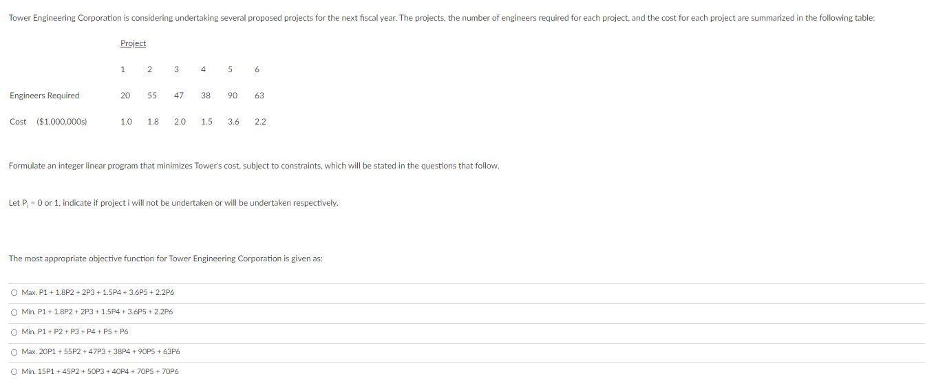 Tower Engineering Corporation is considering undertaking several proposed projects for the