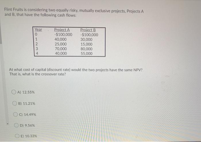  Flint Fruits is considering two equally risky, mutually exclusive projects, Projects