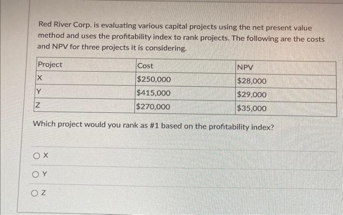  Red River Corp. is evaluating various capital projects using the net