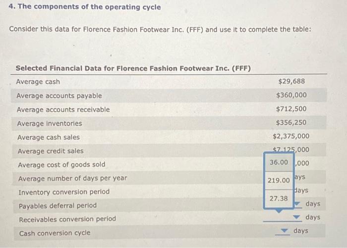 4. The components of the operating cycle Consider this data for Florence