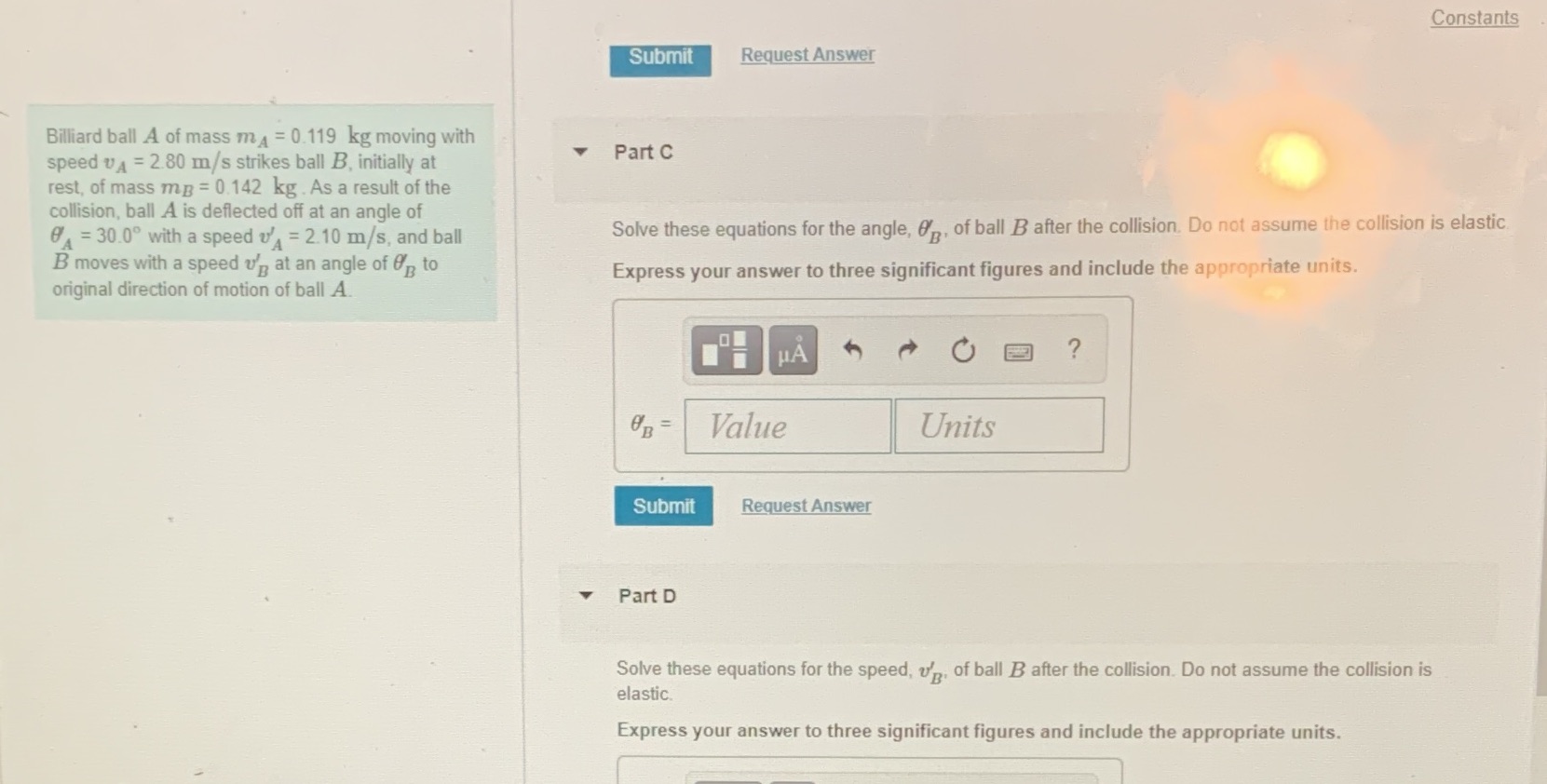 Constants Submit Request Answer Billiard ball A of mass mA =