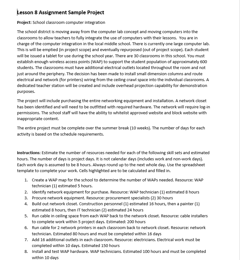 are found in this document: Sample Project (Word Document) Read the document