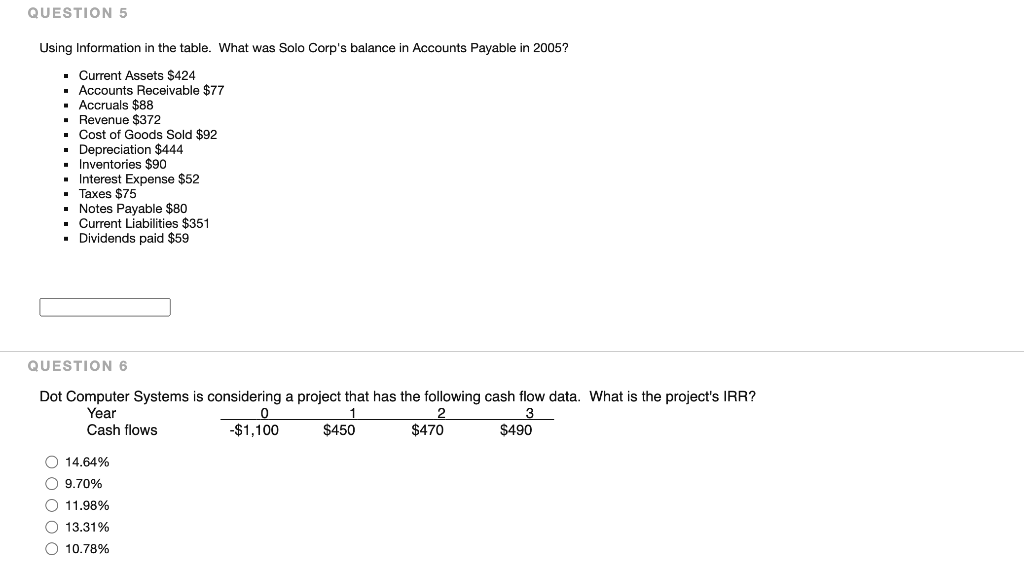  QUESTION 5 Using Information in the table. What was Solo Corp's
