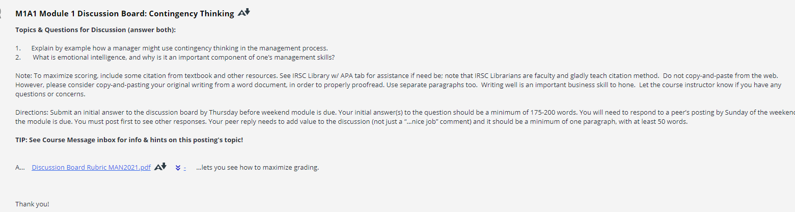  M1A1 Module 1 Discussion Board: Contingency Thinking A* Topics & Questions