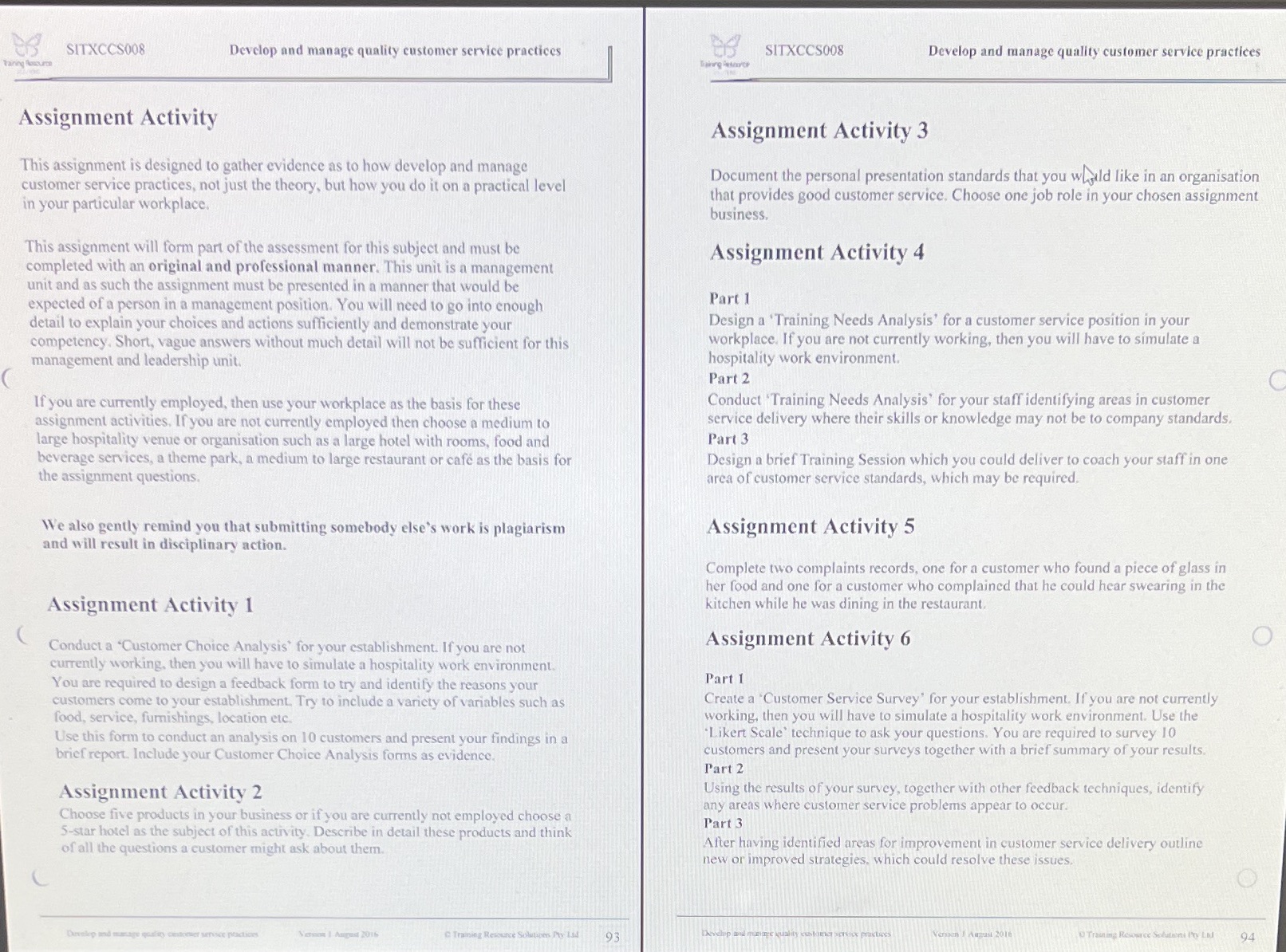SITXCCS008 Develop and manage quality customer service practices SITXCCS008 Develop and