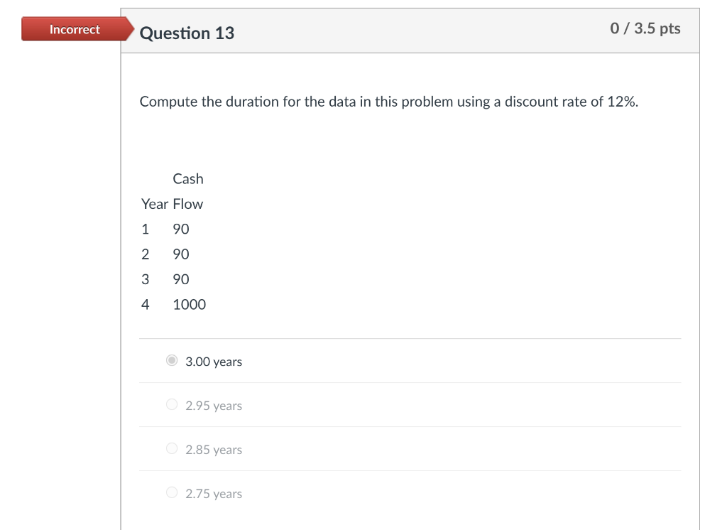  Incorrect Question 13 0 / 3.5 pts Compute the duration for