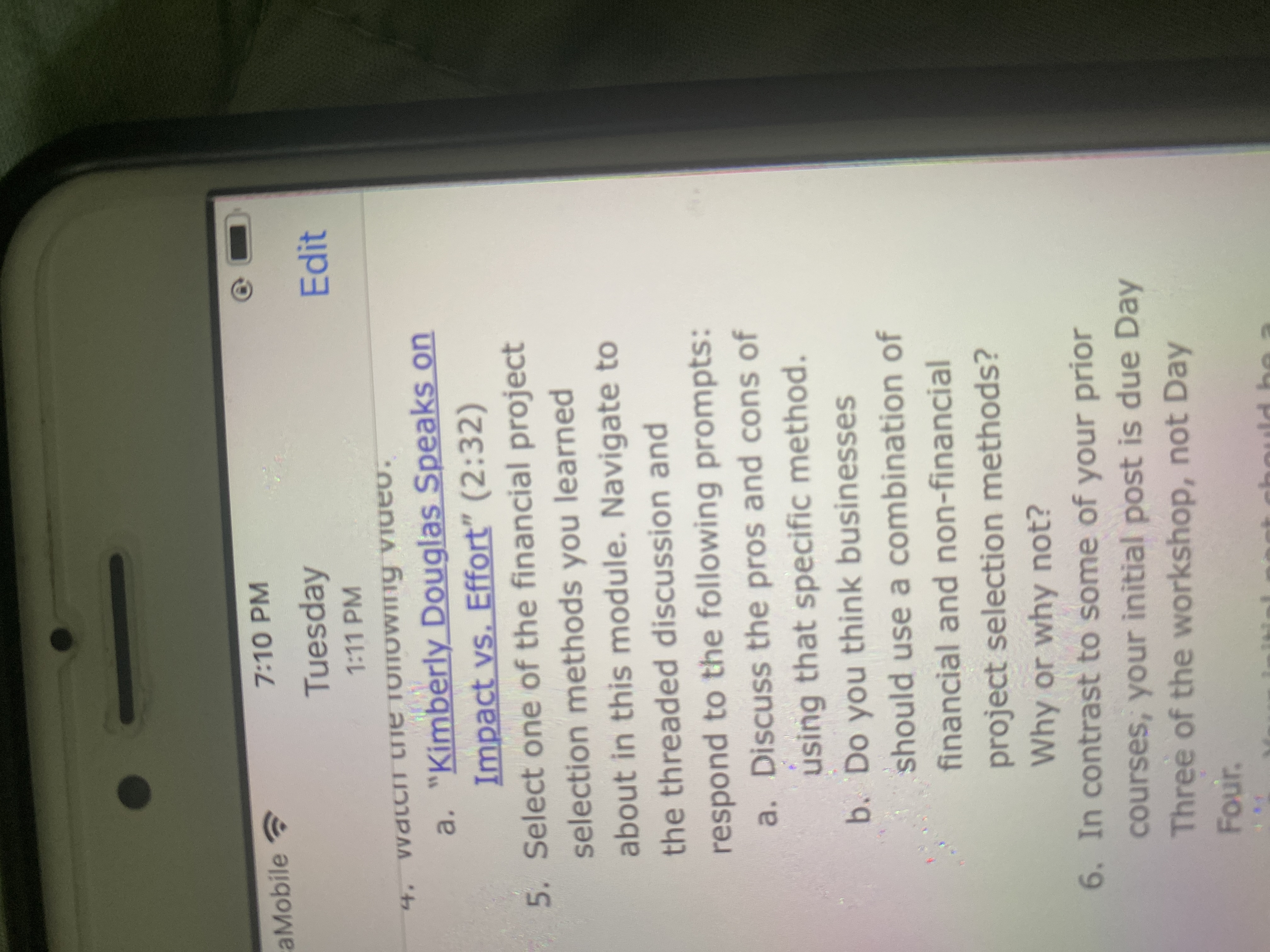 A. aMobile ? 7:10 PM O Tuesday Edit 1:11 PM 4. WalCIT