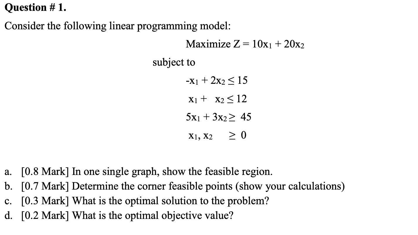  Question # 1. Consider the following linear programming model: Maximize Z