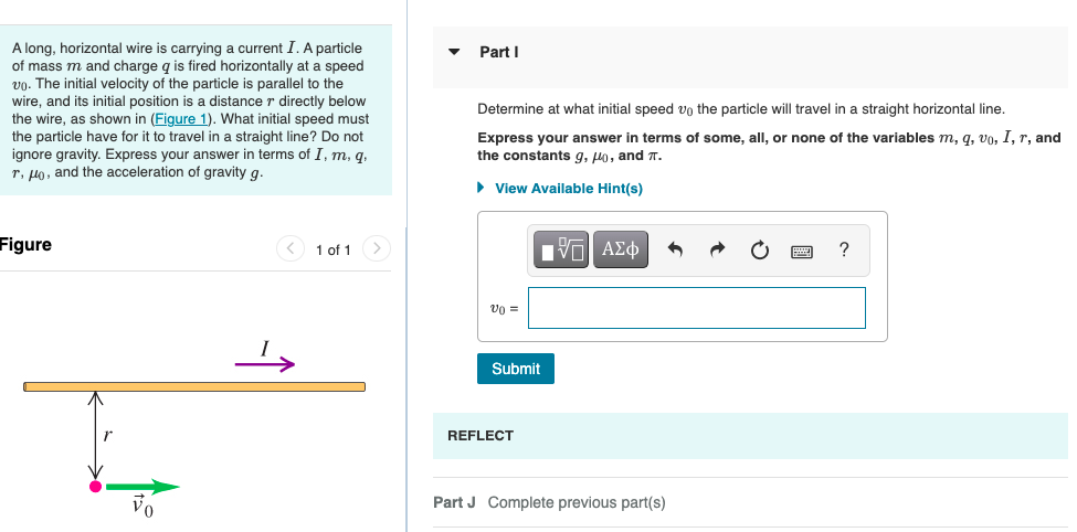  A long, horizontal wire is carrying a current I. A particle