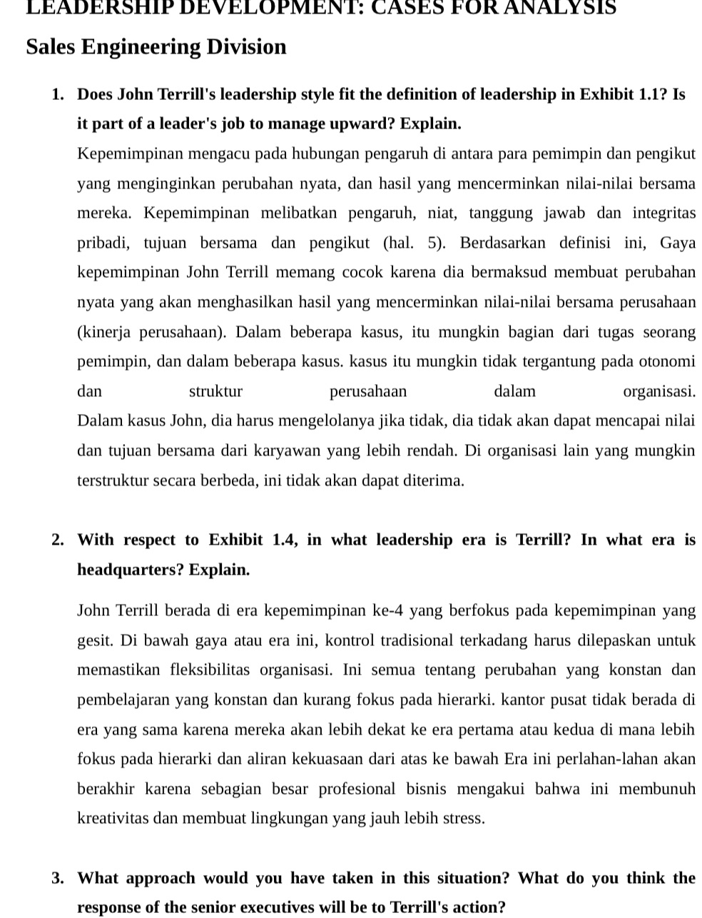  LEADERSHIP DEVELOPMENT: CASES FOR ANALYSIS Sales Engineering Division 1. Does John