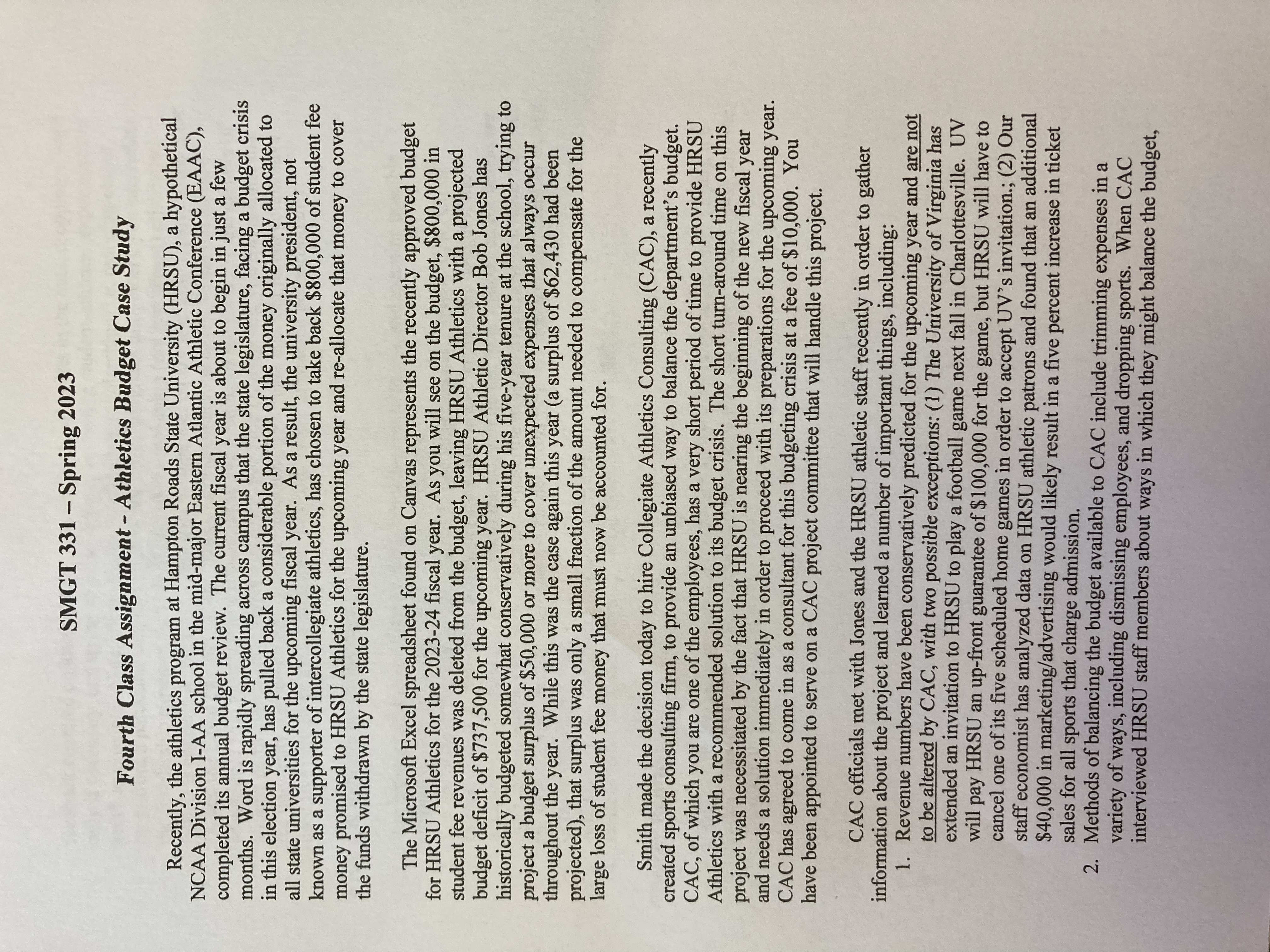 sports in the cuts, dropping a sport only if necessary, and trying