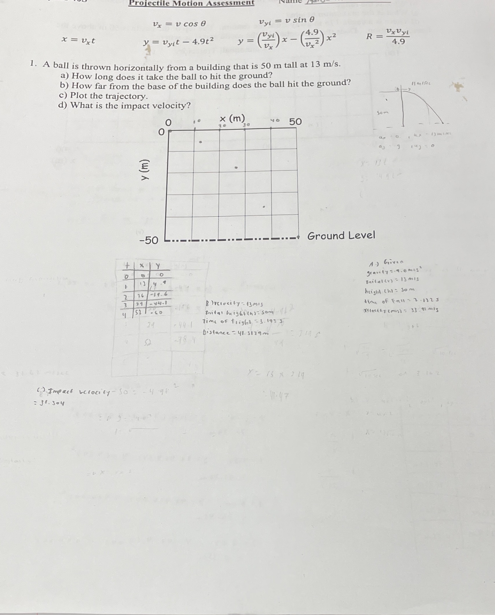 Answer all questions Projectile Motion Assessment Vx = v cos e vyi