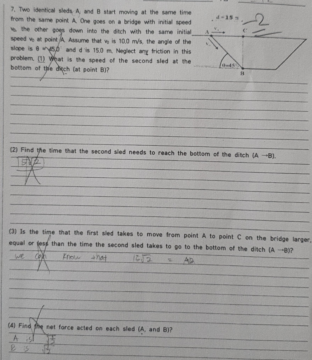 physics question 7. Two identical sleds A, and B start moving at