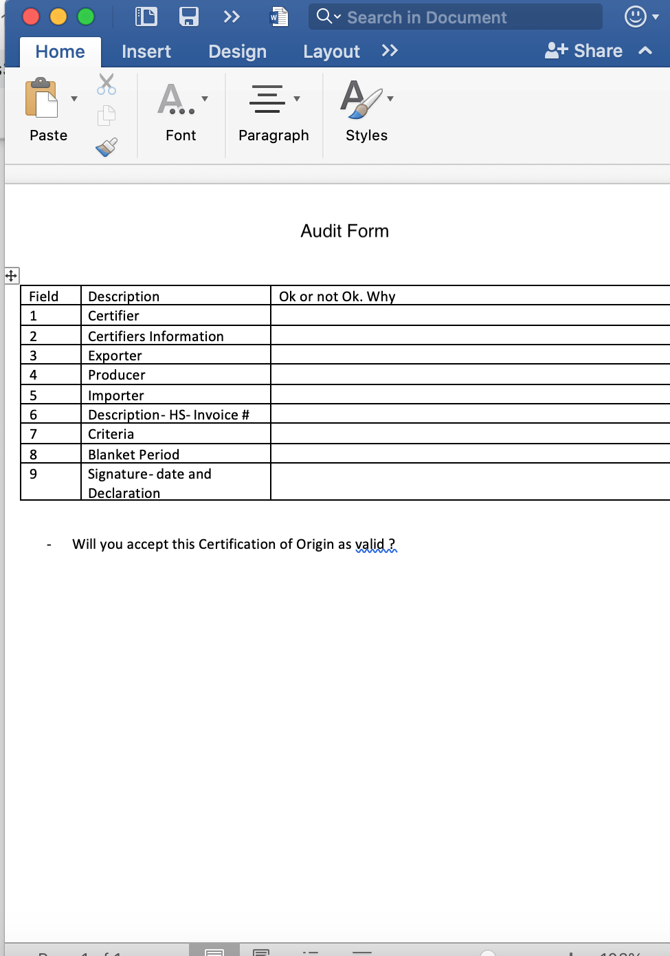 Please help me answer this one?On a Audit Form document list all