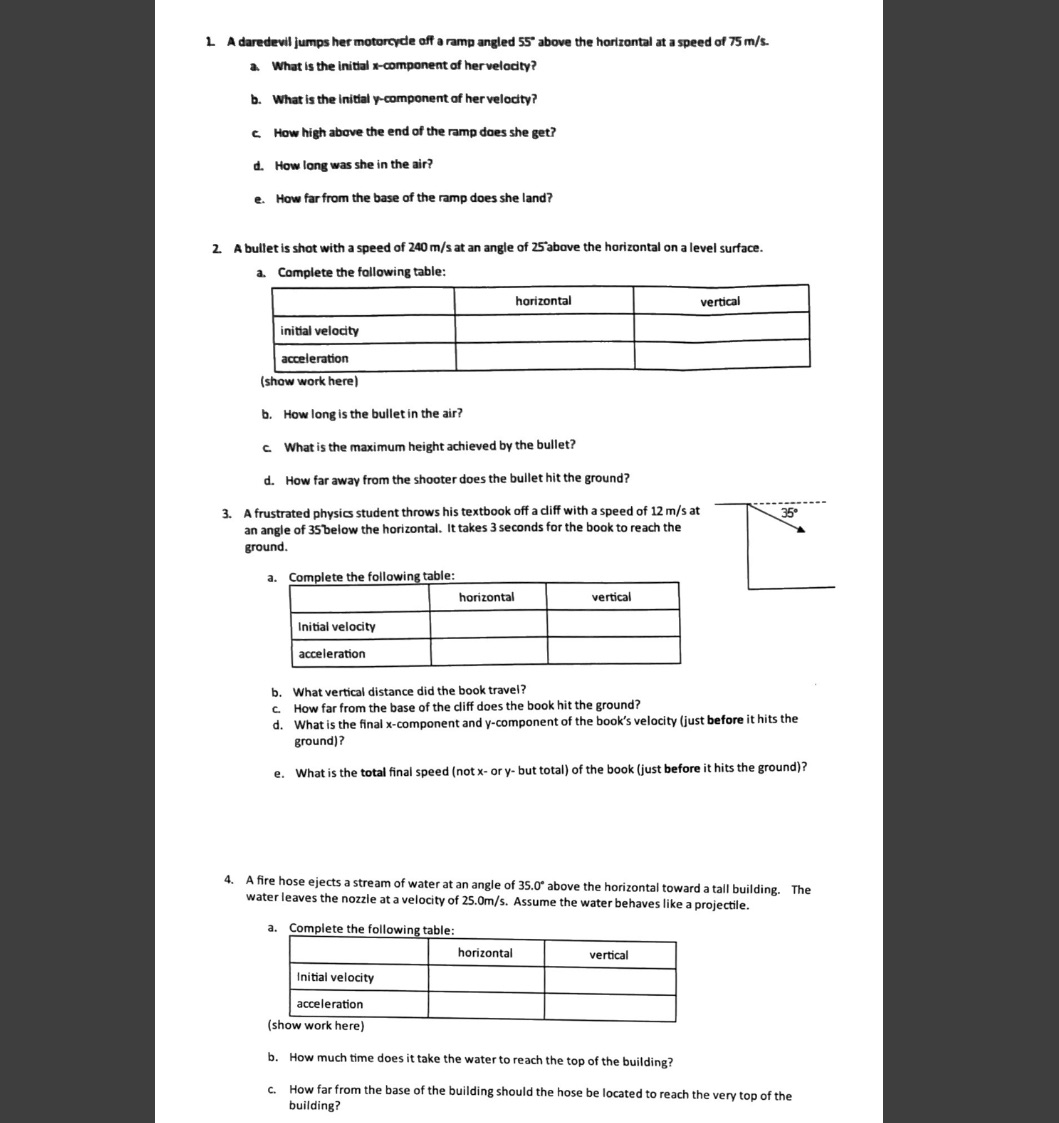Please help showing work 1. A daredevil jumps her motorcycle off a
