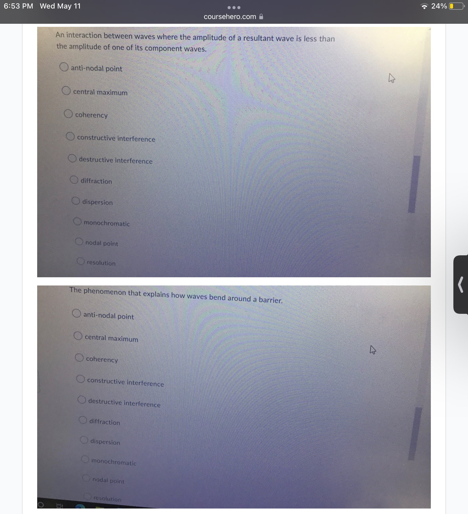 occurs. O anti-nodal point O central maximum coherency constructive interference destructive interference