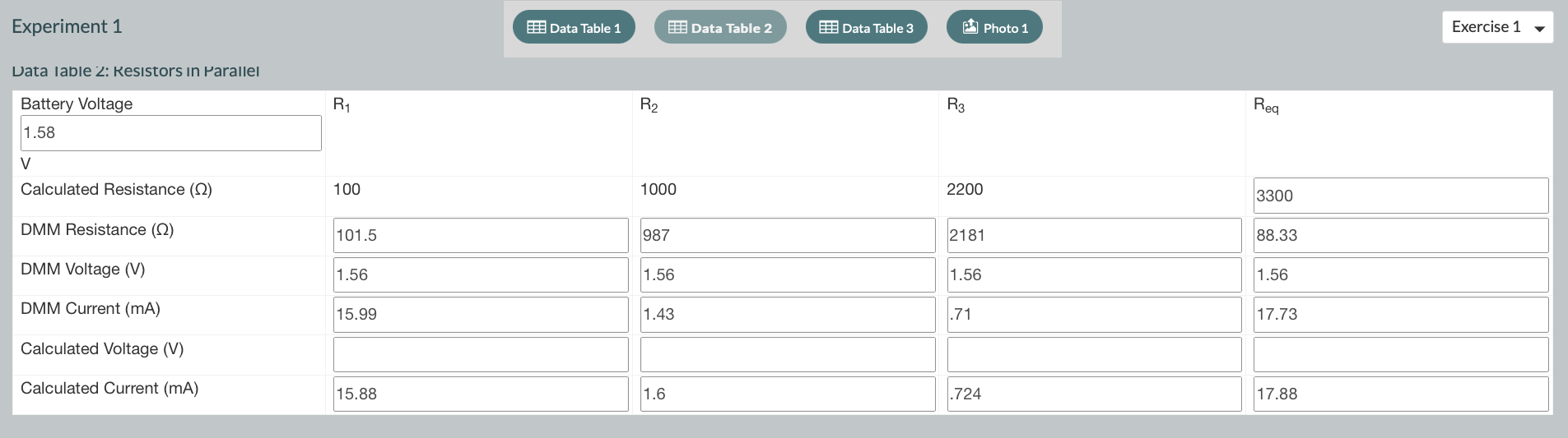 Experiment 1 Data Table 1 Data Table 2 Data Table 3