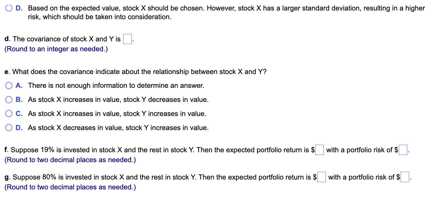 each stock under four different Probability Economic Condition StockX StockY economic conditions