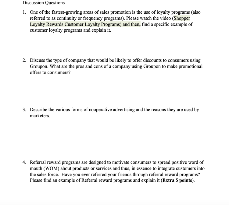 how do i answer 1-4? https://youtu.be/WRijJGmnJ0Q Discussion Questions 1. One of the