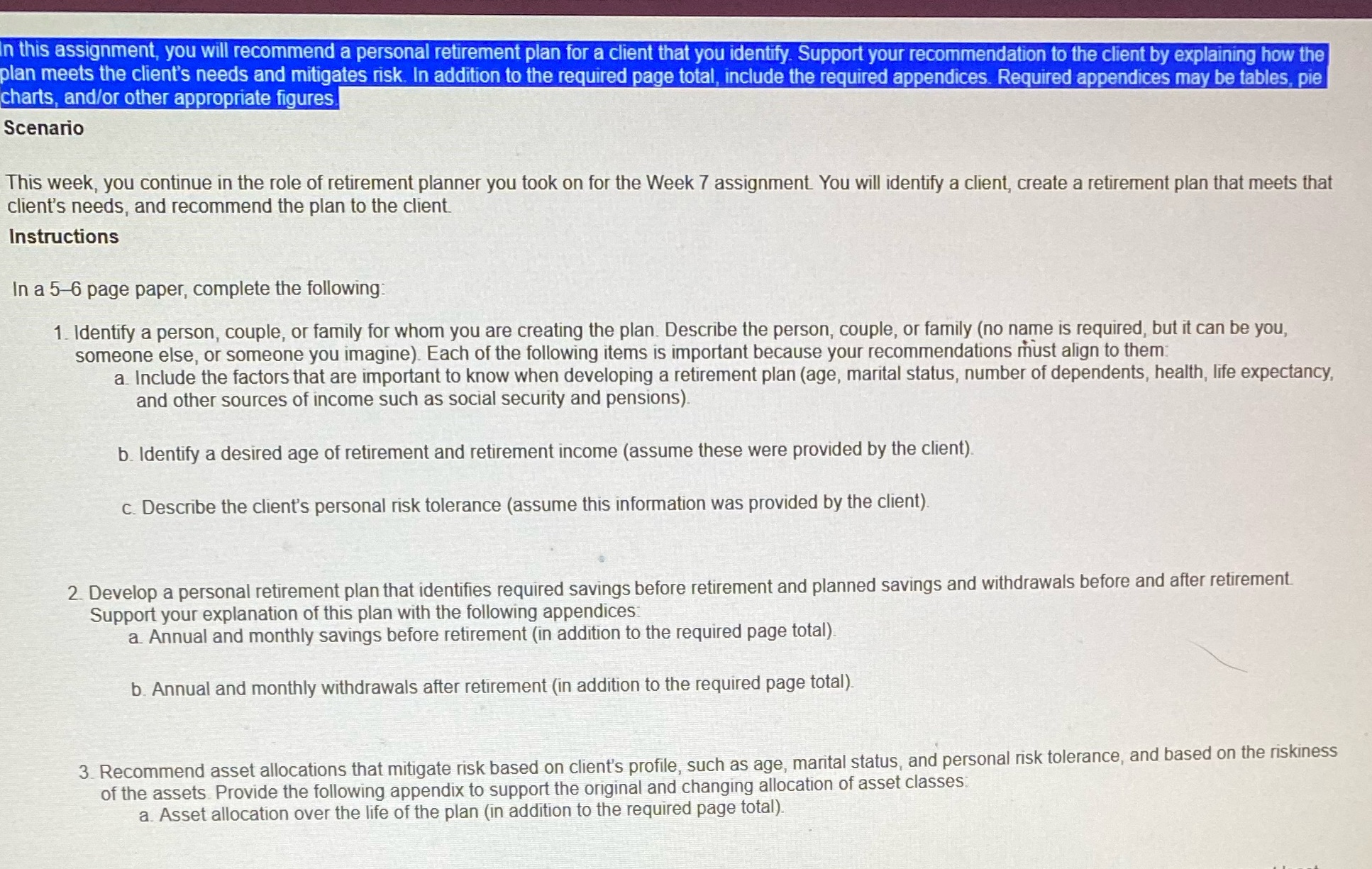 n this assignment, you will recommend a personal retirement plan for