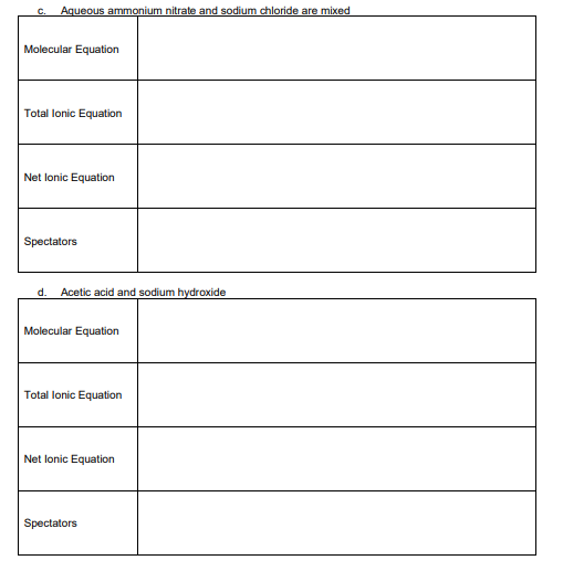 net ionic equation for the following reactions: C. Aqueous ammonium nitrate and