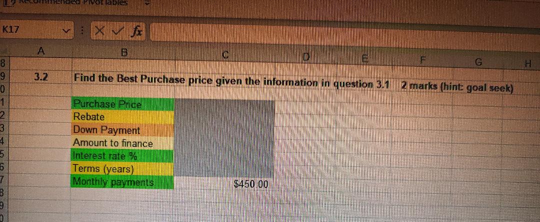 provided. Question 3.1 Find the monthly car payment given the information below.