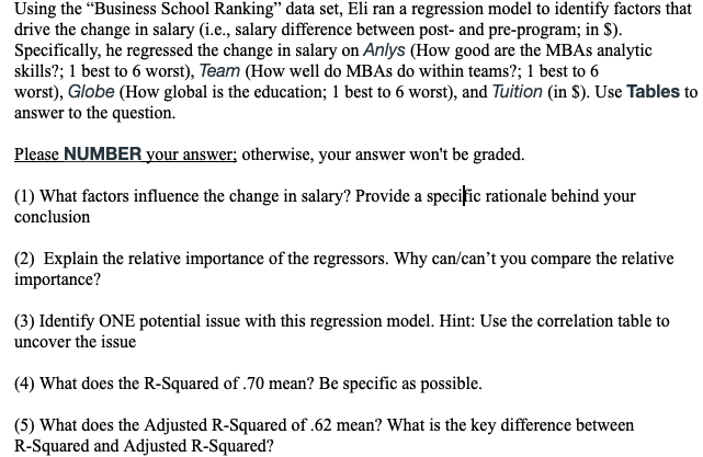  Using the "Business School Ranking" data set, Eli ran a regression
