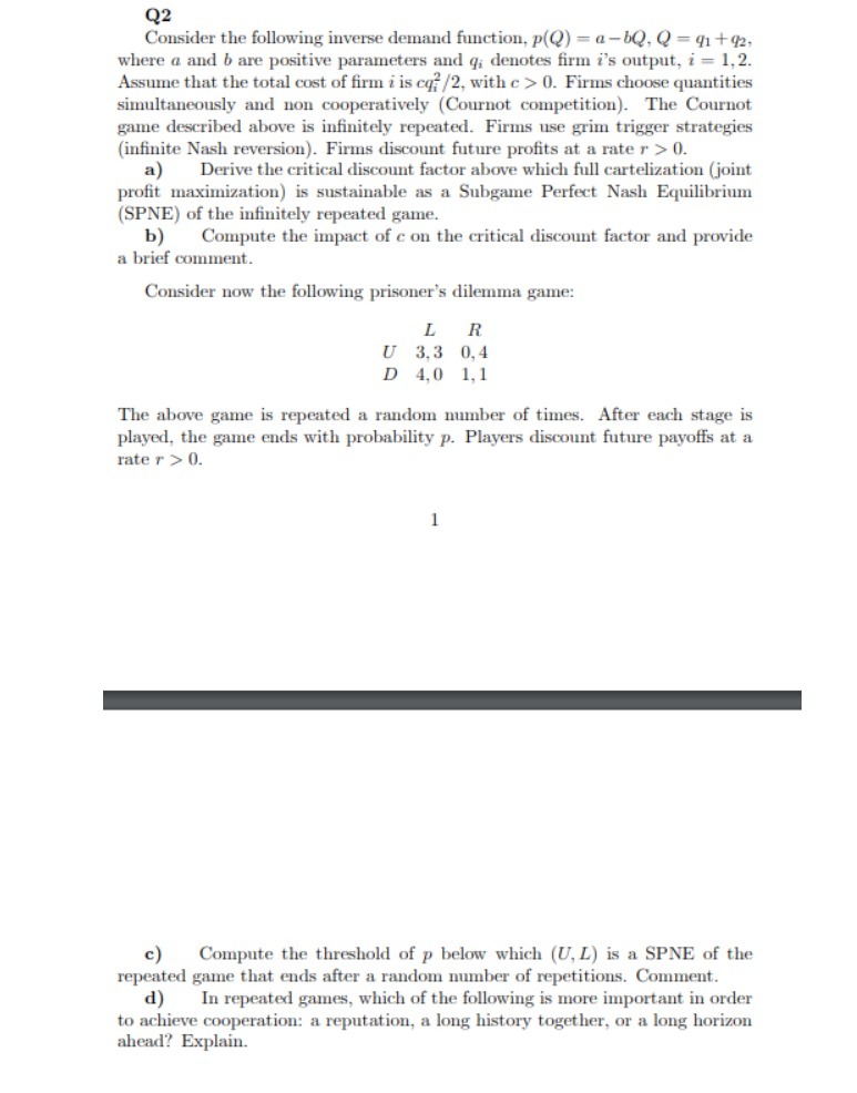  Q2 Consider the following inverse demand function, p(Q) = a-bQ, Q