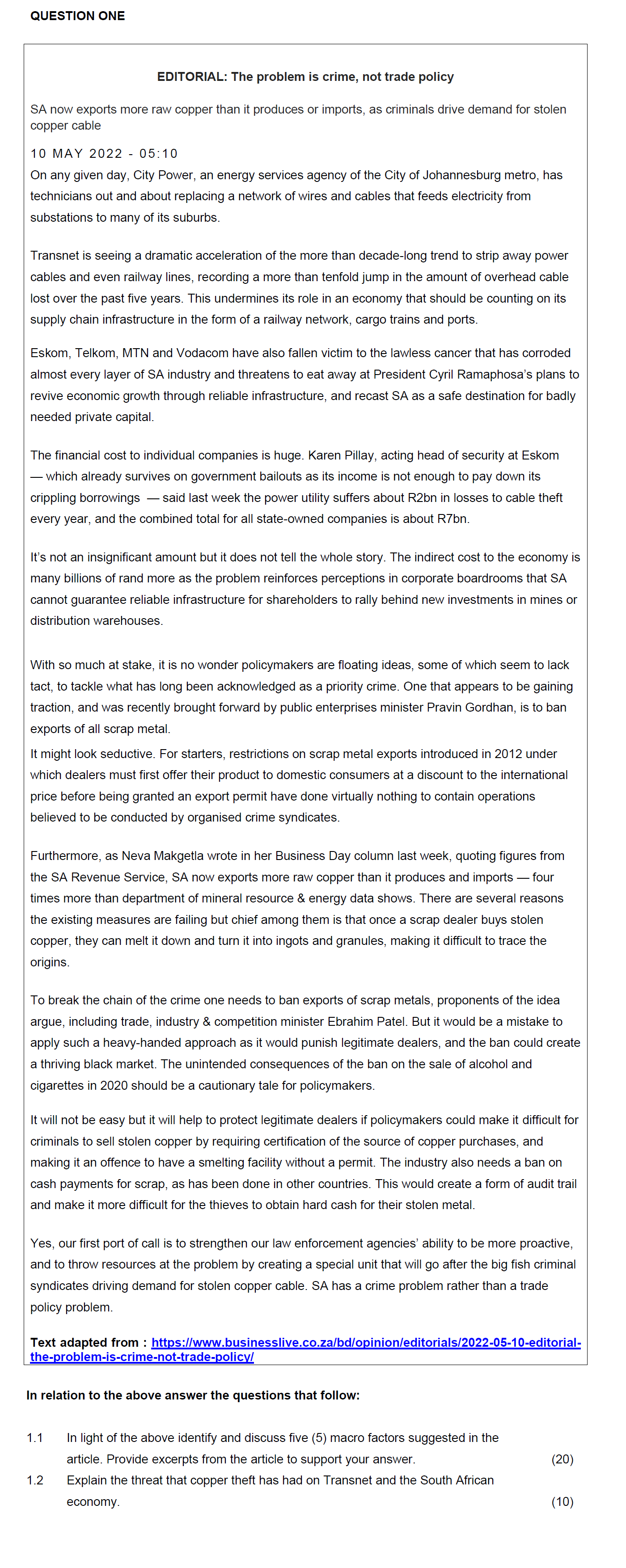  QUESTION ONE EDITORIAL: The problem is crime, not trade policy SA