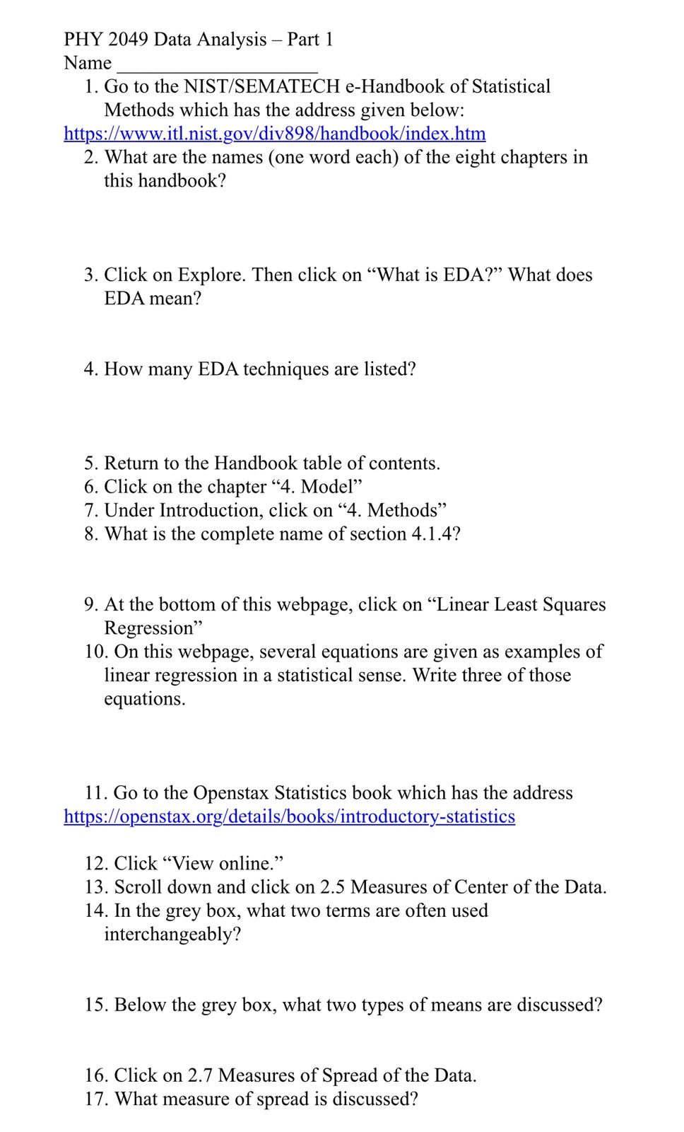  PHY 2049 Data Analysis Part 1 Name I. Go to the