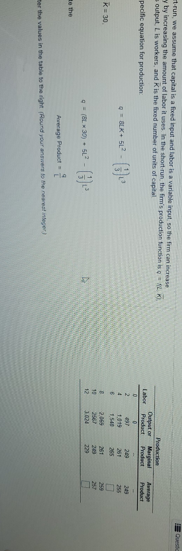 calculate average product for missing on the table ? Questi t-run, we
