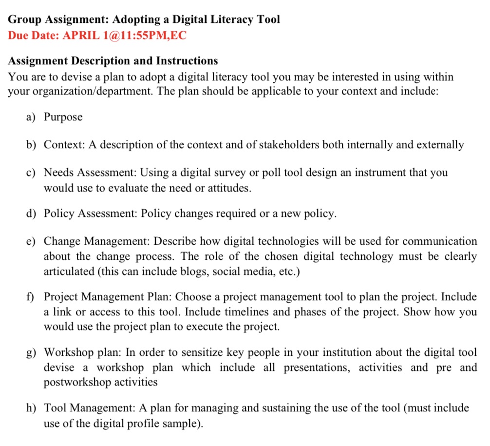  Group Assignment: Adopting a Digital Literacy Tool Due Date: APRIL l(gi_'-!ll:55PM,EC