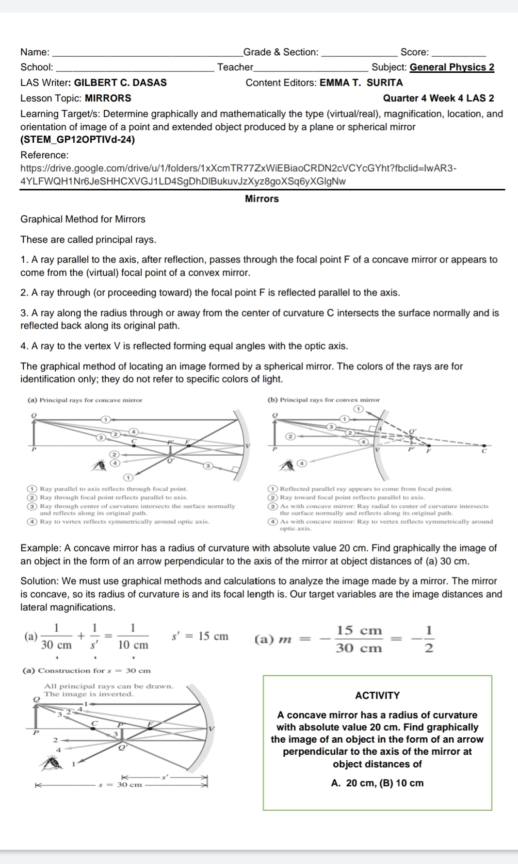 MIRRORS-General Physics 2 Name: Grade & Section: Score: School: Teacher Subject: General